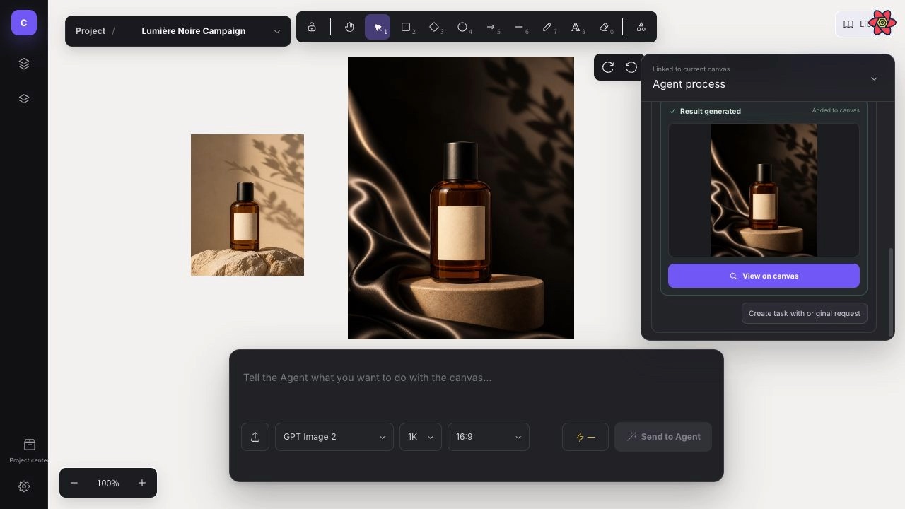 CubbieAI Studio showing a fragrance reference, AI-generated campaign image, and the Agent result panel on one canvas