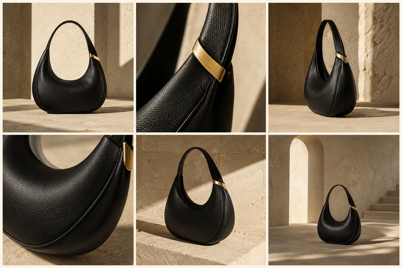 A cohesive six-image visual system for a sculptural black leather handbag