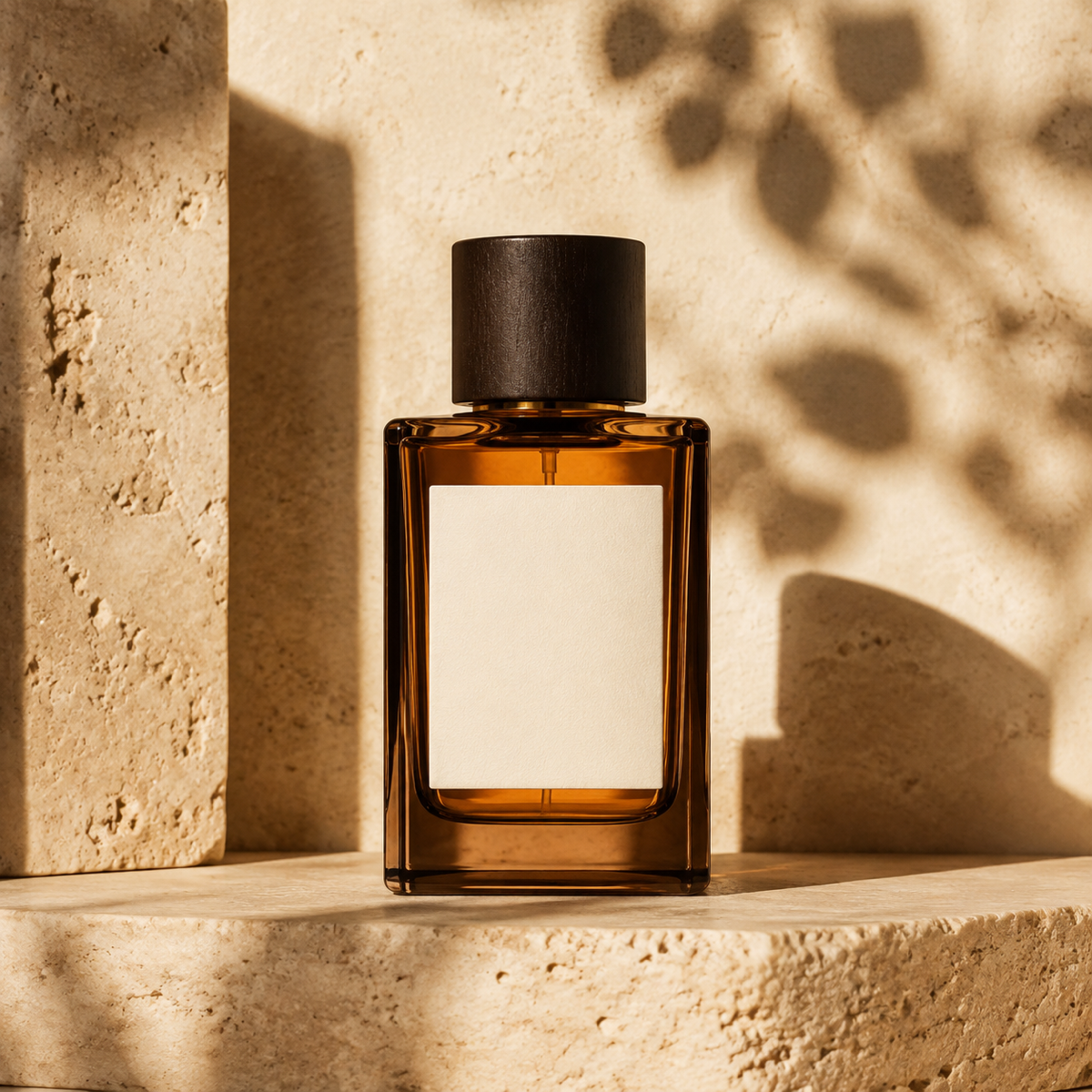 Beauty visual with an amber fragrance bottle